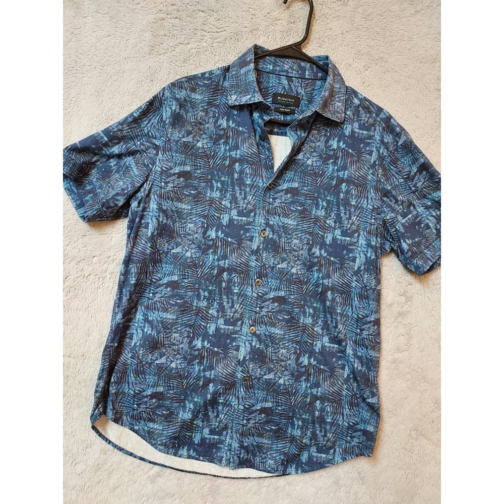Bugatchi Shirt Mens Medium Ooohcotton Tech 8 Way Stretch Floral Blue Preppy M